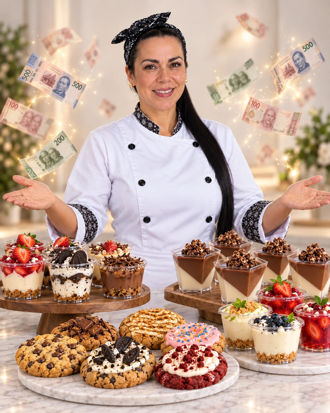 Experta de Postres Rentables junto a postres y dinero
